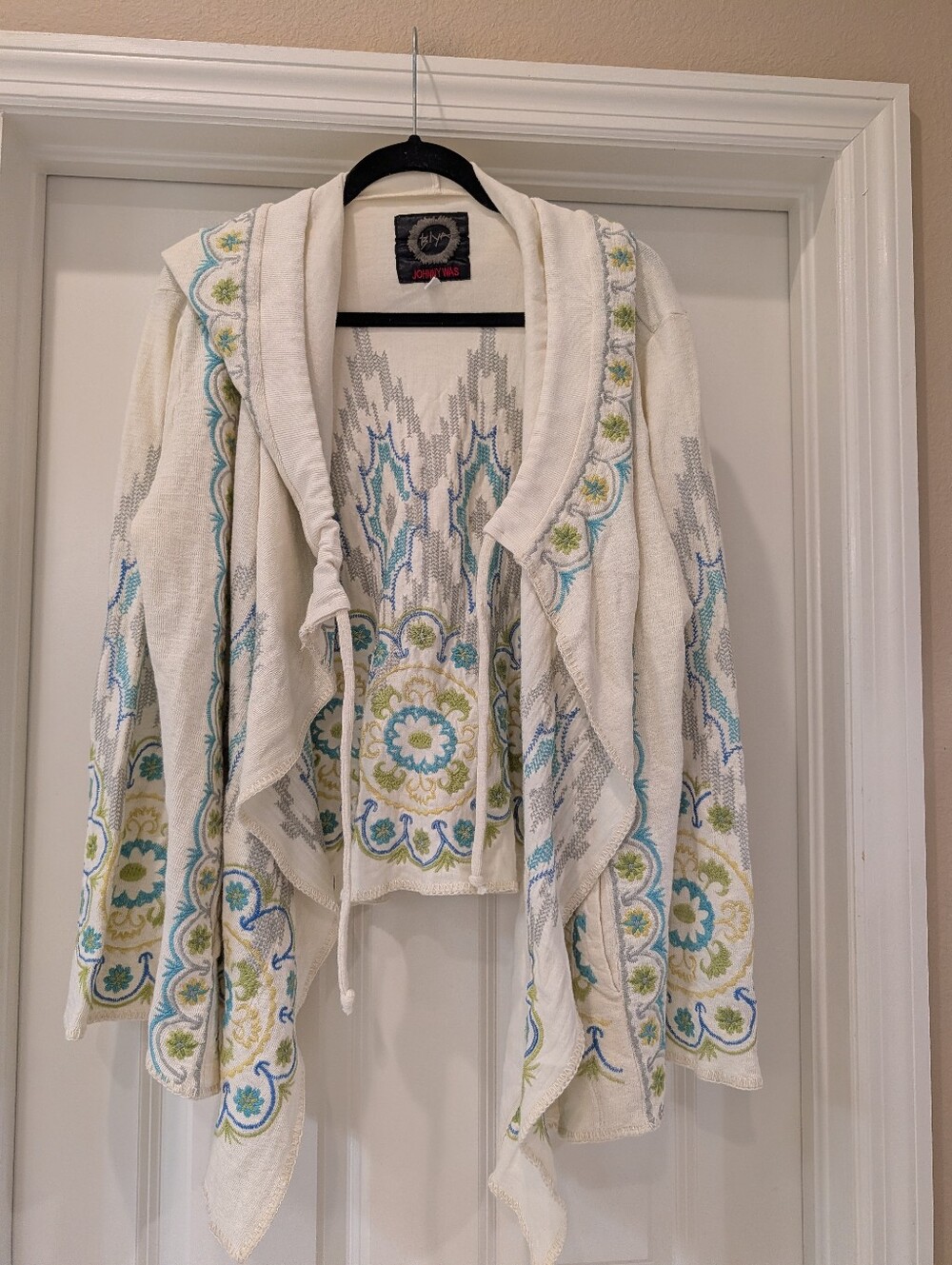 Johnny Was Biya Embroidered Open Front Hooded Cardigan Size Large